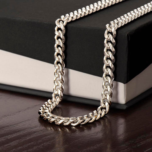 Cuban link chain necklace for dad displayed front view showing detailed metal craftsmanship and masculine design