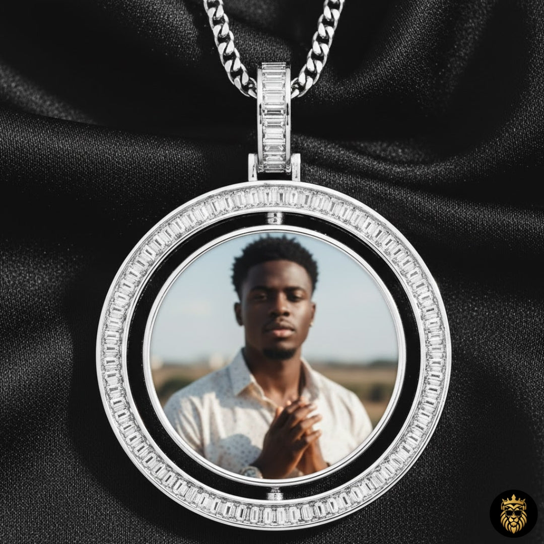 Double-sided custom photo medallion necklace displaying front and back design
