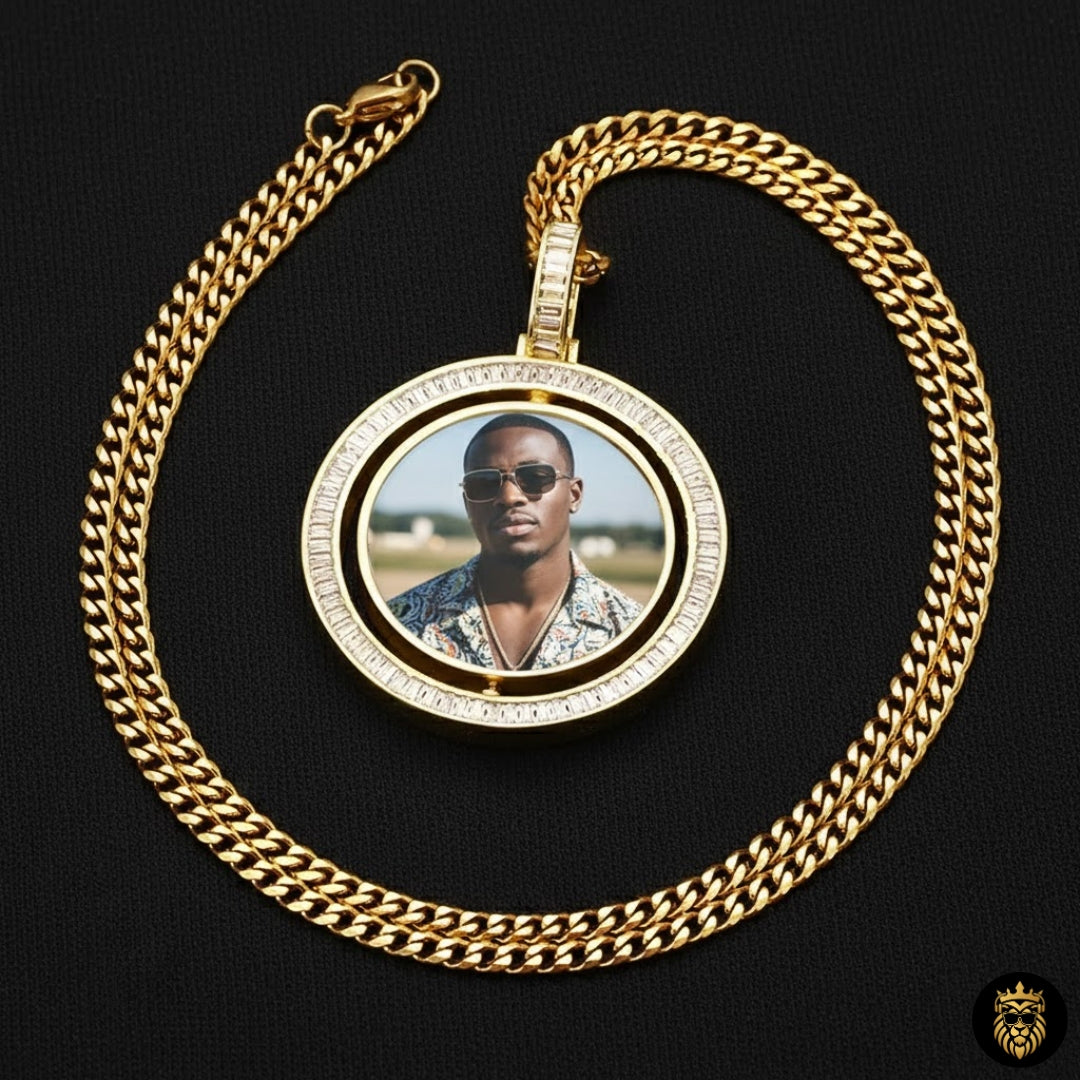 Stylish gold memory necklace worn by model showcasing custom photo pendant
