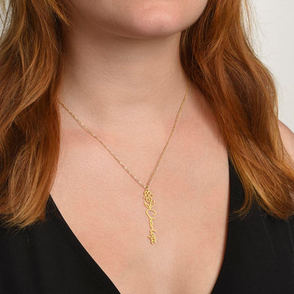 Stylish floral name necklace worn as elegant fashion accessory