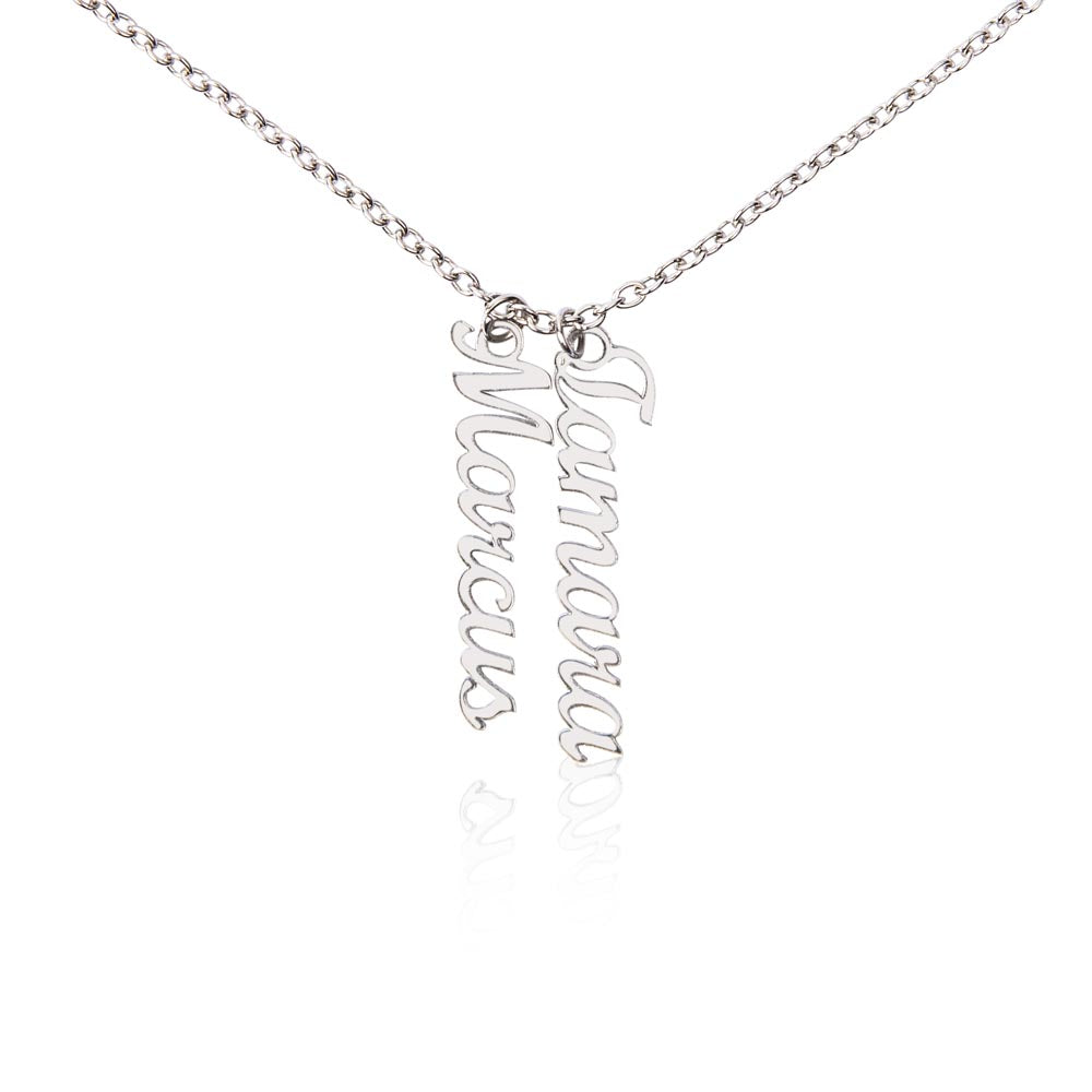 Elegant gold chain necklace with vertical engraved names
