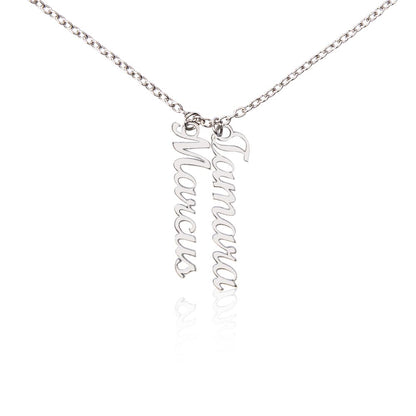 Elegant gold chain necklace with vertical engraved names