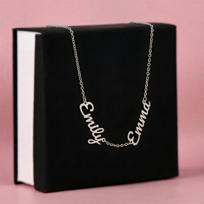 Elegant gold multi name necklace displayed on white background as luxury gift jewelry