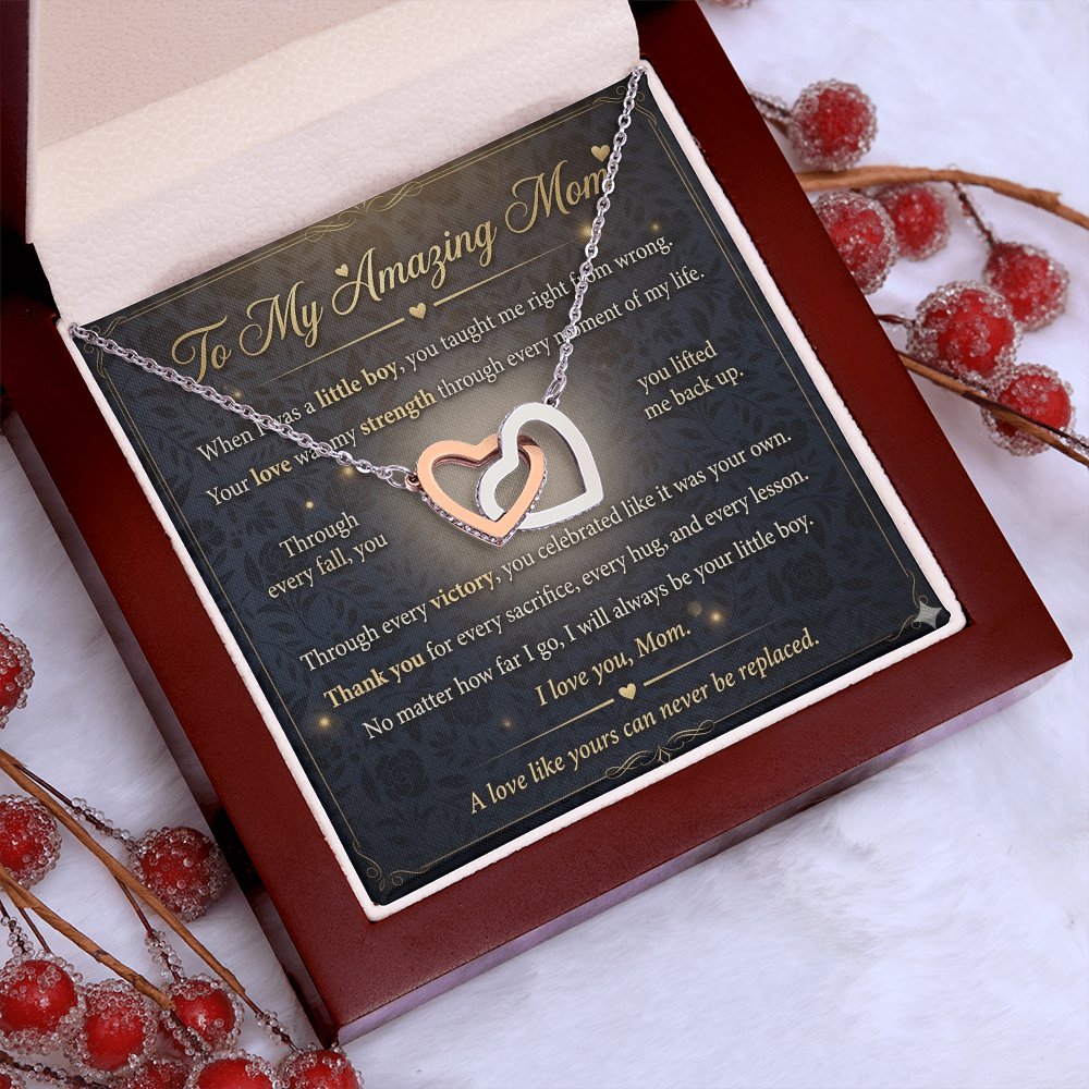 Mother wearing meaningful heart necklace in lifestyle setting