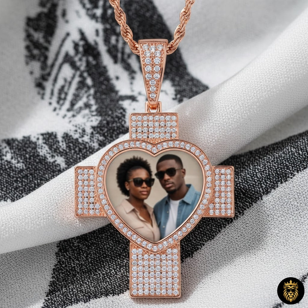Stylish cross necklace with diamond-studded design and photo insert
