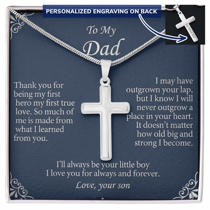 Front view of personalized cross necklace for father with engraved design