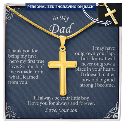 Side angle view of engraved cross pendant necklace
