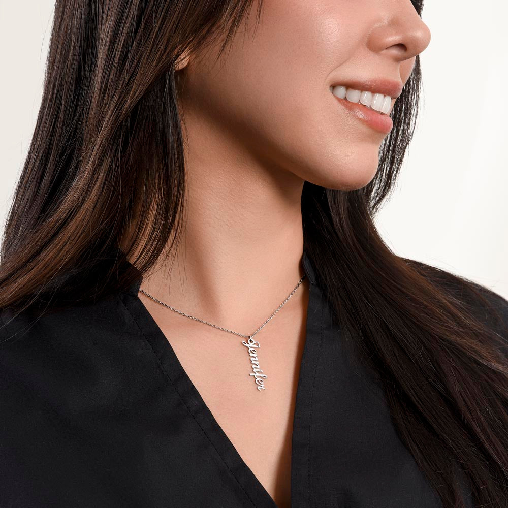Side angle of vertical engraved bar necklace pendant