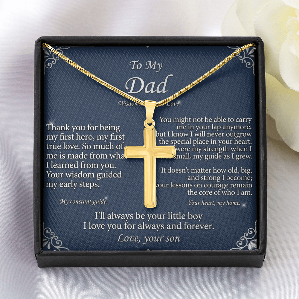 Lifestyle image of father wearing cross necklace symbolizing love and appreciation