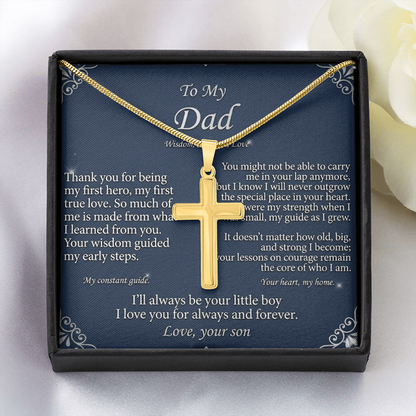 Lifestyle image of father wearing cross necklace symbolizing love and appreciation
