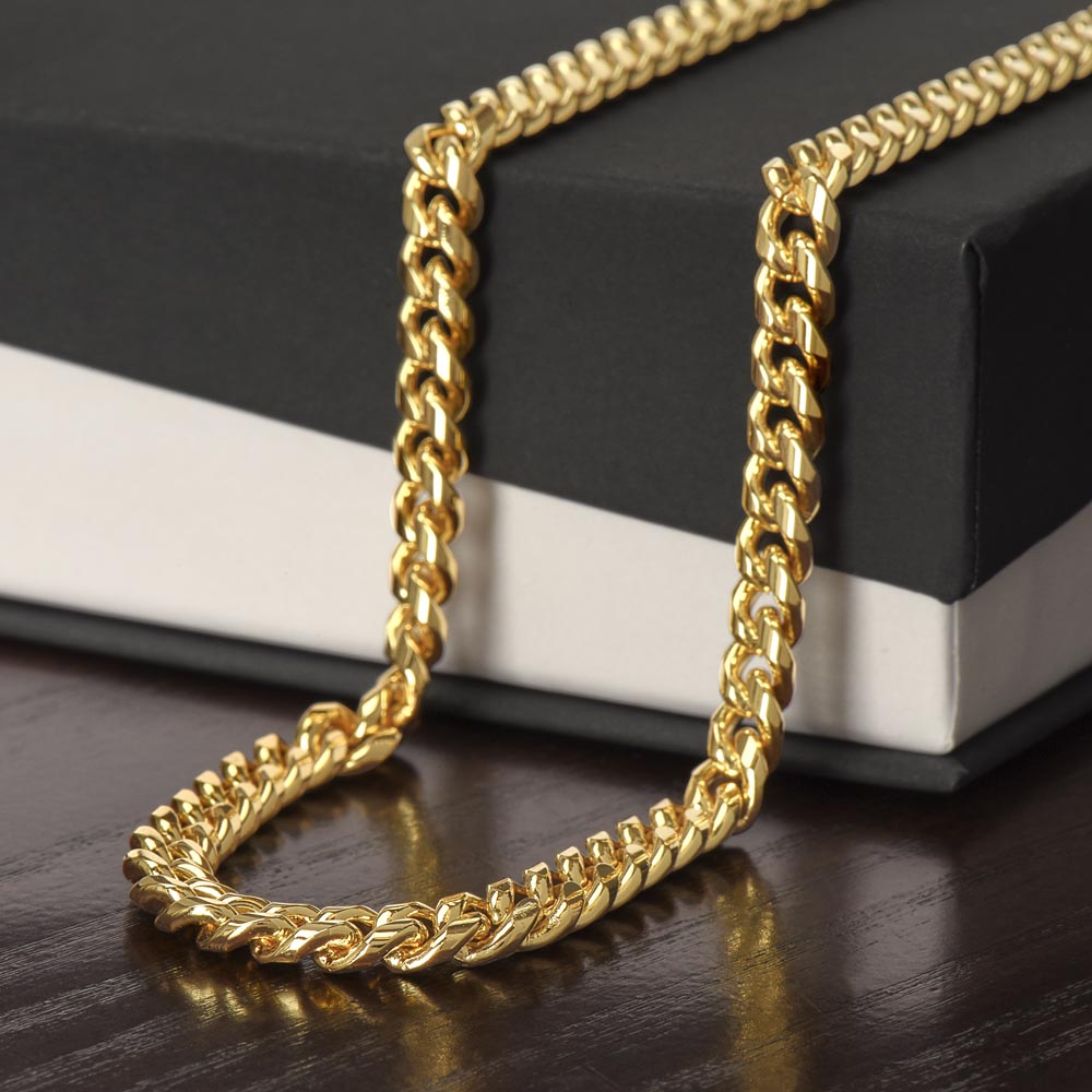 Close-up of dad Cuban link chain necklace highlighting polished stainless steel finish and strong chain texture