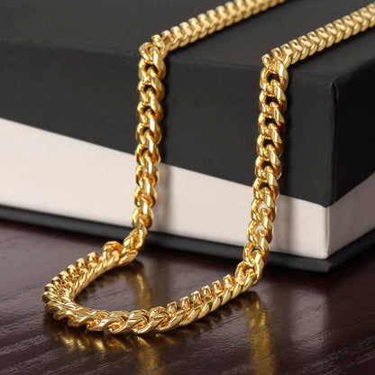 Close-up of dad Cuban link chain necklace highlighting polished stainless steel finish and strong chain texture