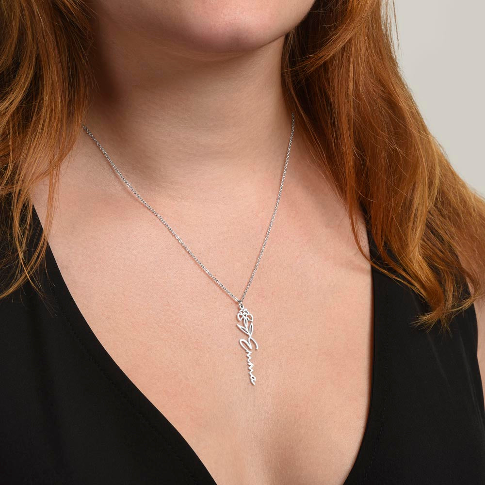 Romantic floral name necklace displayed as gift for women