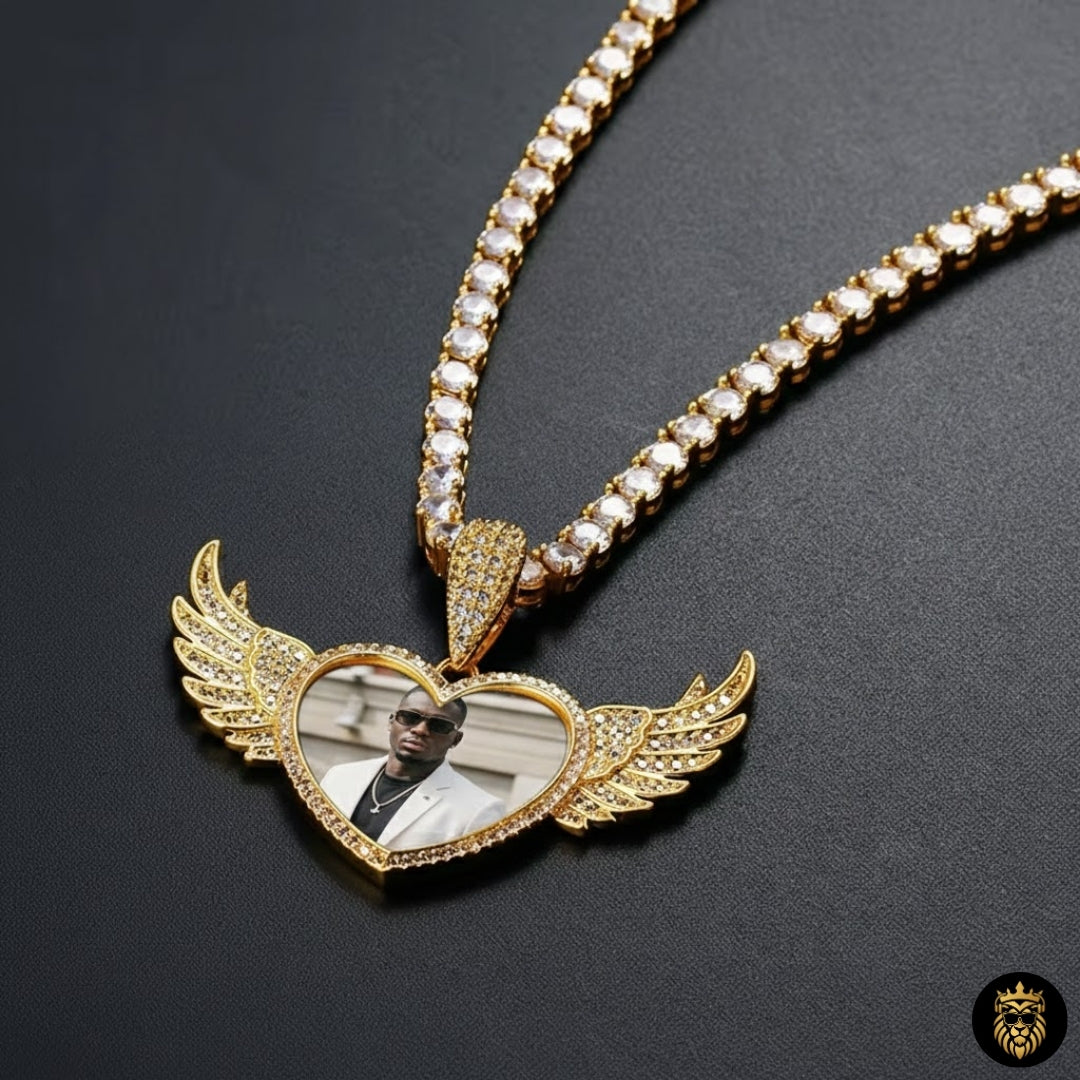 Front view of custom memory photo pendant necklace with shine finish
