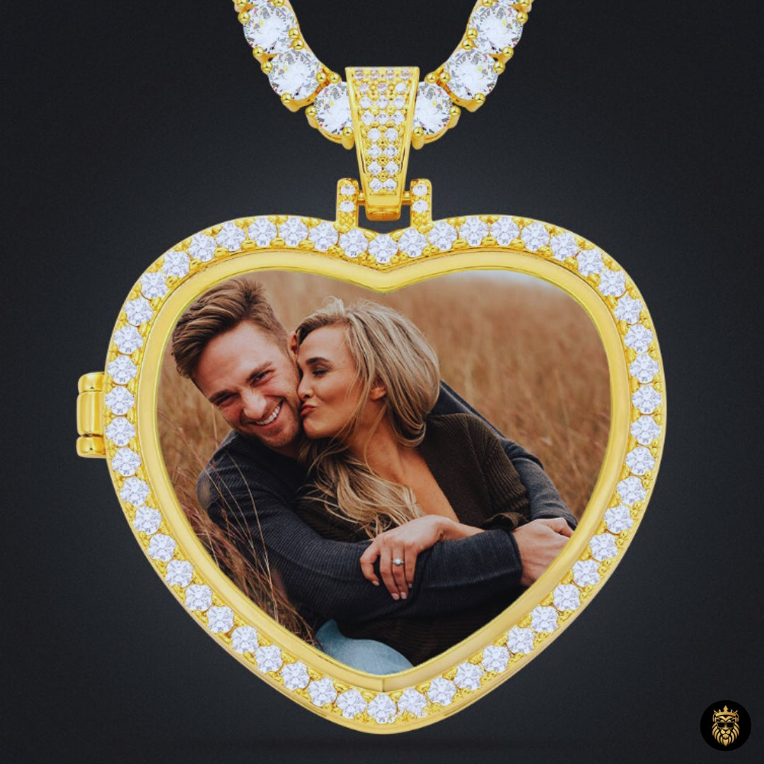 Front view of personalized heart photo medallion jewelry with gold finish