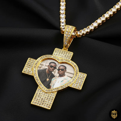 Gold plated cross necklace with personalized memory photo
