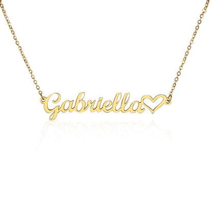 Gold plated personalized name necklace displayed on jewelry stand