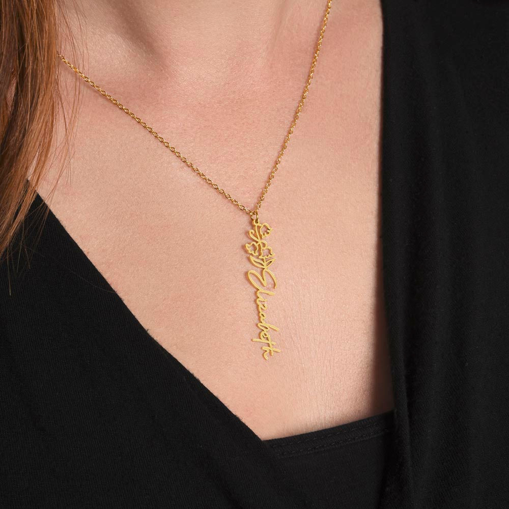 Minimal gold floral name necklace with personalized text