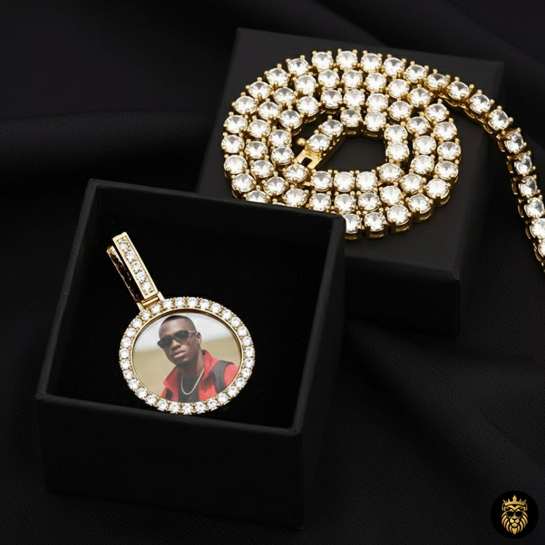 Gold plated hip hop style medallion necklace designed for men with custom photo insert