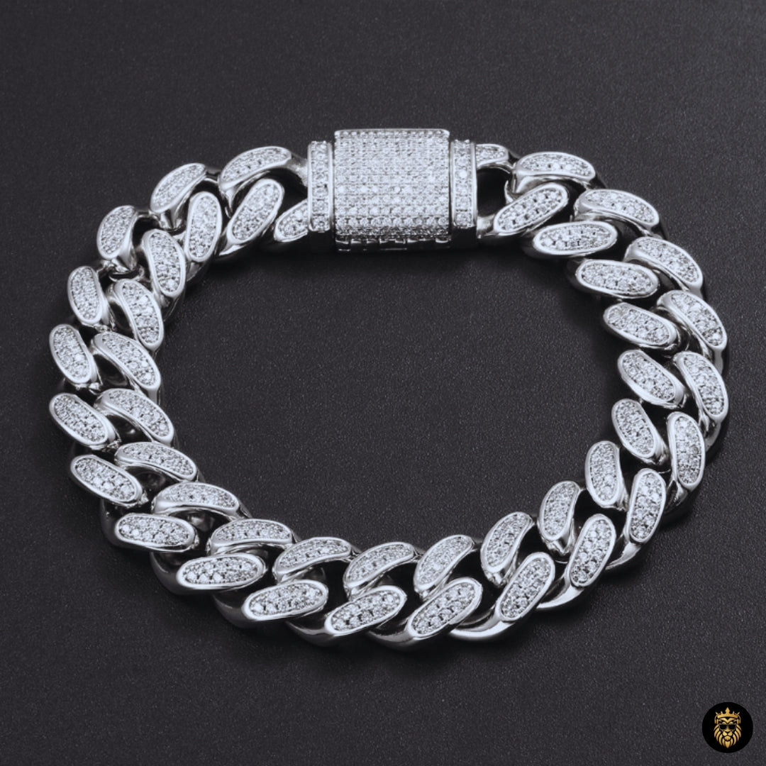 Gold plated curb Cuban bracelet with iced out rhinestones sparkling under light