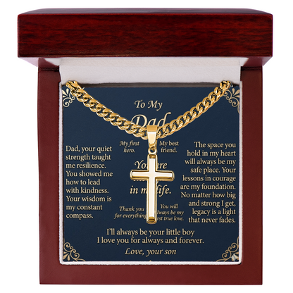 Gold tone Cuban link chain with cross pendant close-up