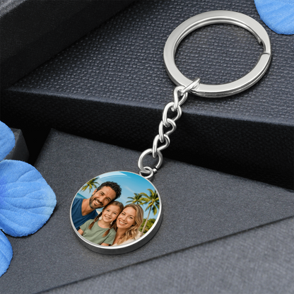 Personalized graphic circle keychain showing custom photo keepsake design