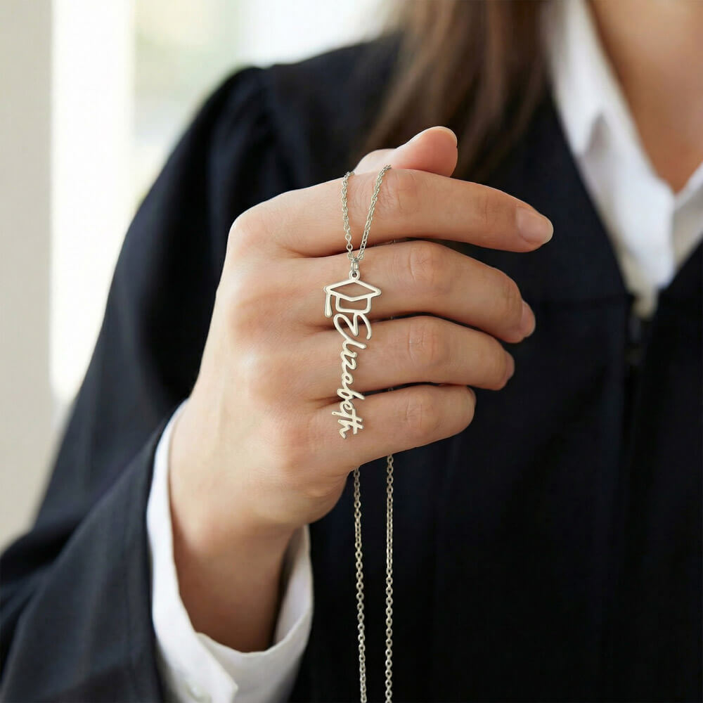 Graduation necklace with elegant cursive name design