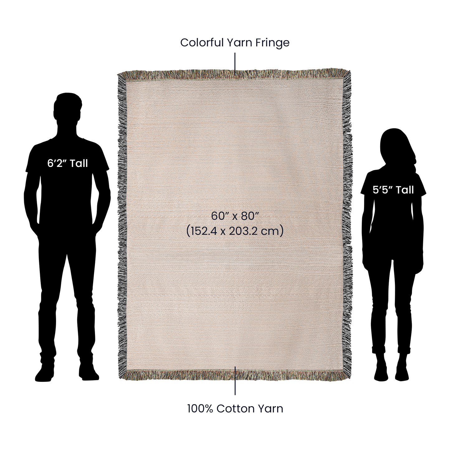 Personalized cotton blanket with decorative fringe edges.