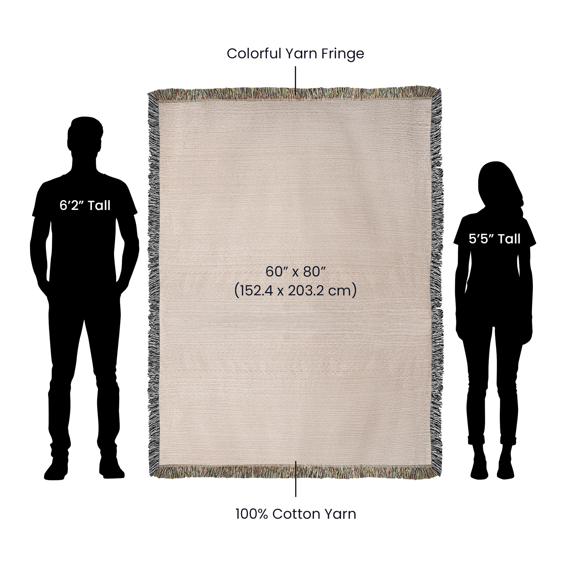Personalized cotton blanket with decorative fringe edges.