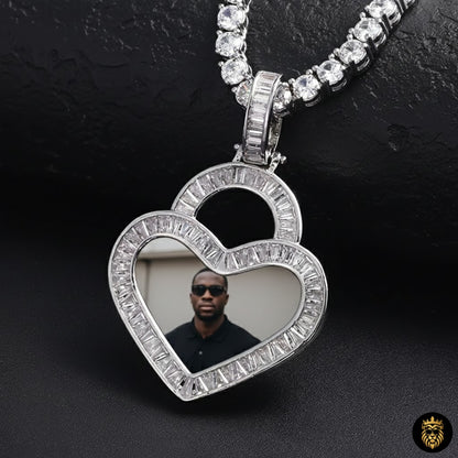 Gold heart-shaped custom photo pendant necklace with baguette crystals
