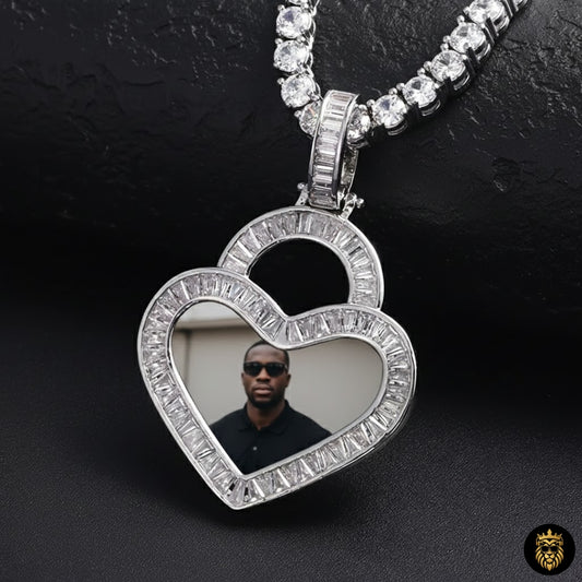 Gold heart-shaped custom photo pendant necklace with baguette crystals
