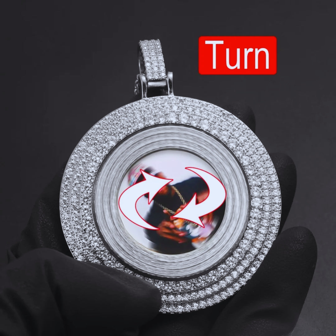Big Spin Custom Photo Medallion Necklace – Rotating Crystal Hip Hop Pendant