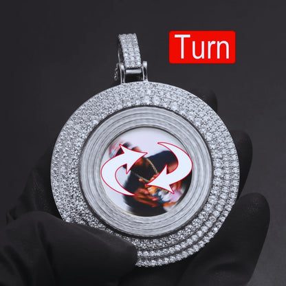 Big Spin Custom Photo Medallion Necklace – Rotating Crystal Hip Hop Pendant