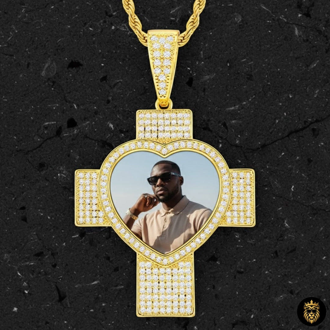 Close-up of custom photo cross pendant showing detailed engraving
