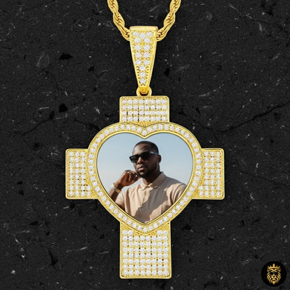 Close-up of custom photo cross pendant showing detailed engraving
