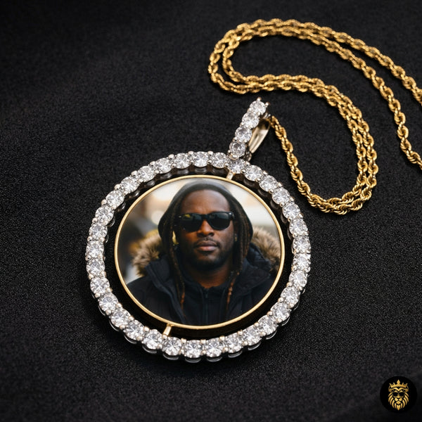 Gold rotating custom photo pendant necklace with double-sided picture design