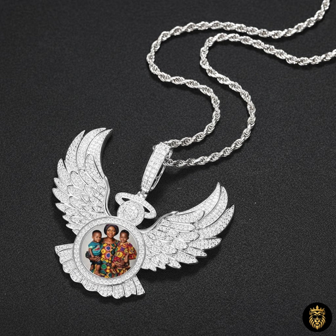 Hip hop style angel wing necklace with custom photo memory pendant
