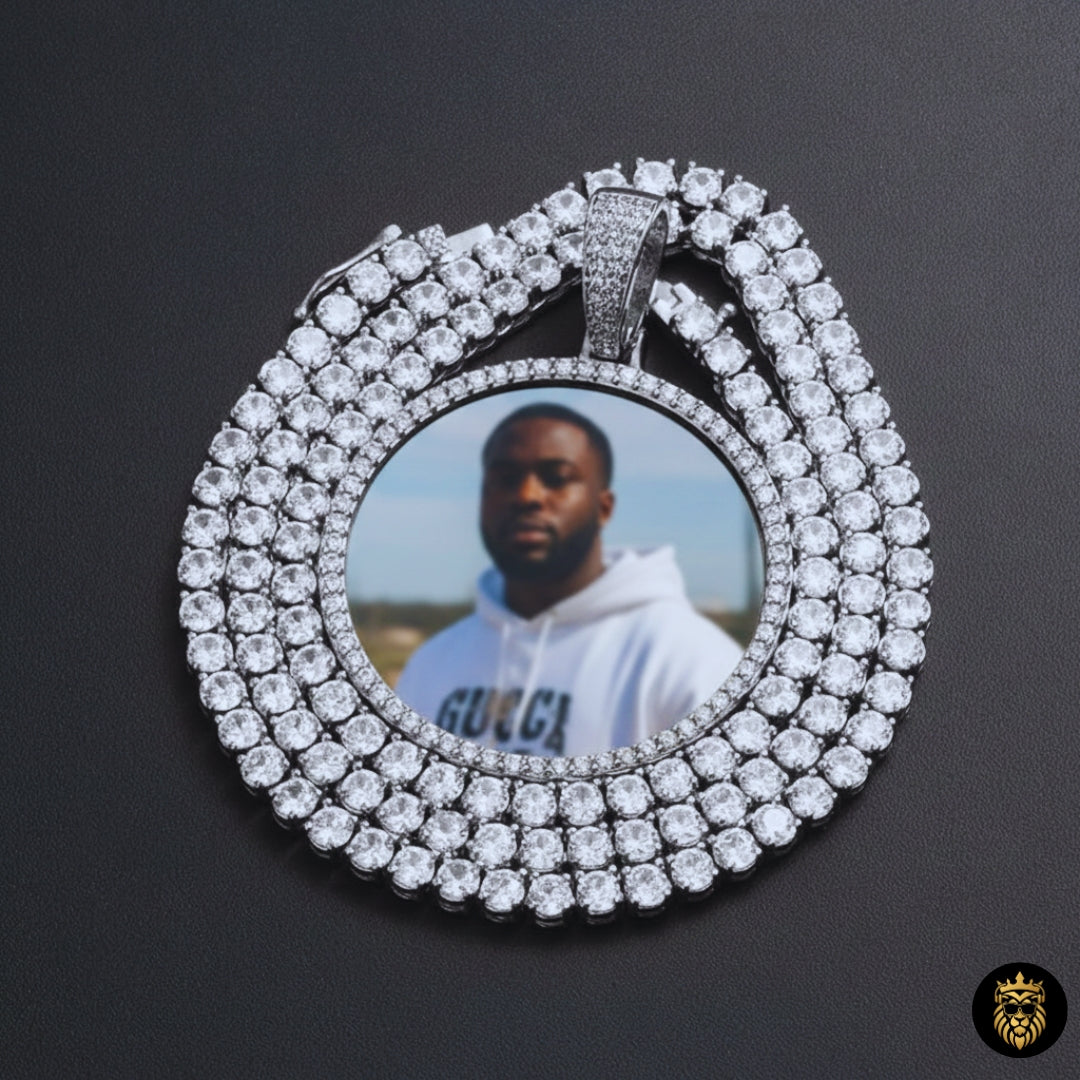 Gold hip hop medallion necklace featuring personalized memory photo