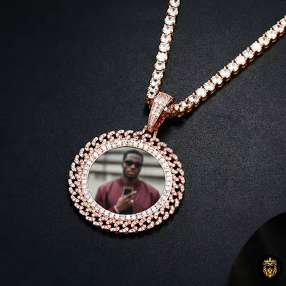 Detailed close-up of iced out Cuban link custom photo necklace for men with diamond-style shine