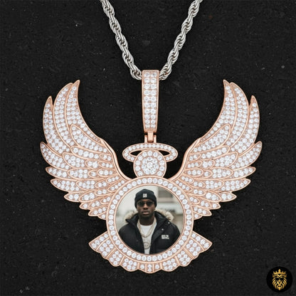 Close-up of iced-out custom photo medallion necklace with diamond-like detailing

