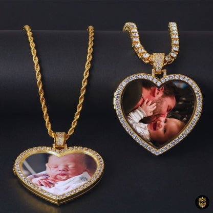Iced out heart medallion necklace featuring custom photo insert inside locket