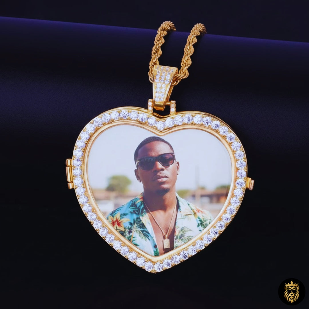 Iced out cubic zirconia heart pendant with custom image inside
