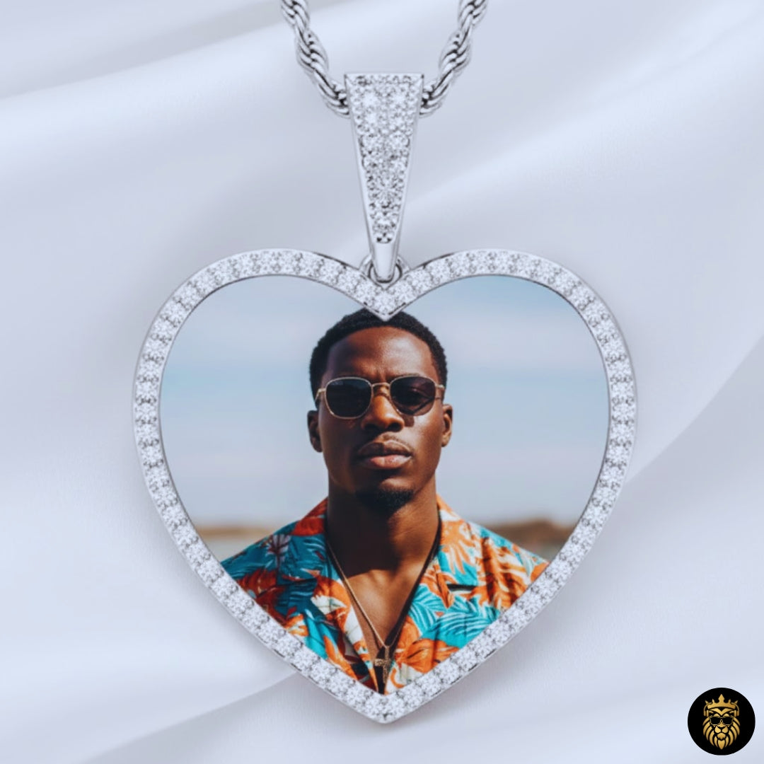 Close-up of hip hop heart medallion with custom photo insert
