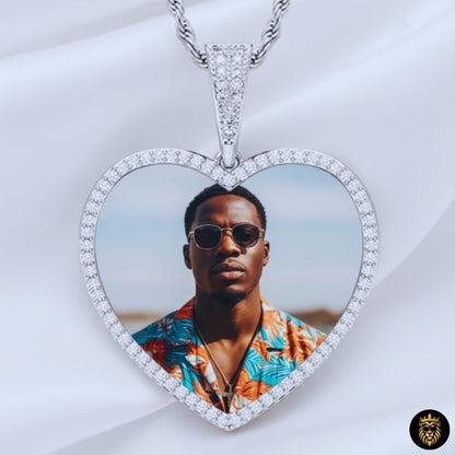 Close-up of hip hop heart medallion with custom photo insert
