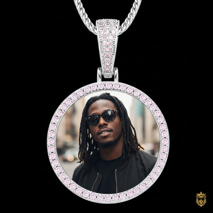 Pink iced out photo pendant necklace for women