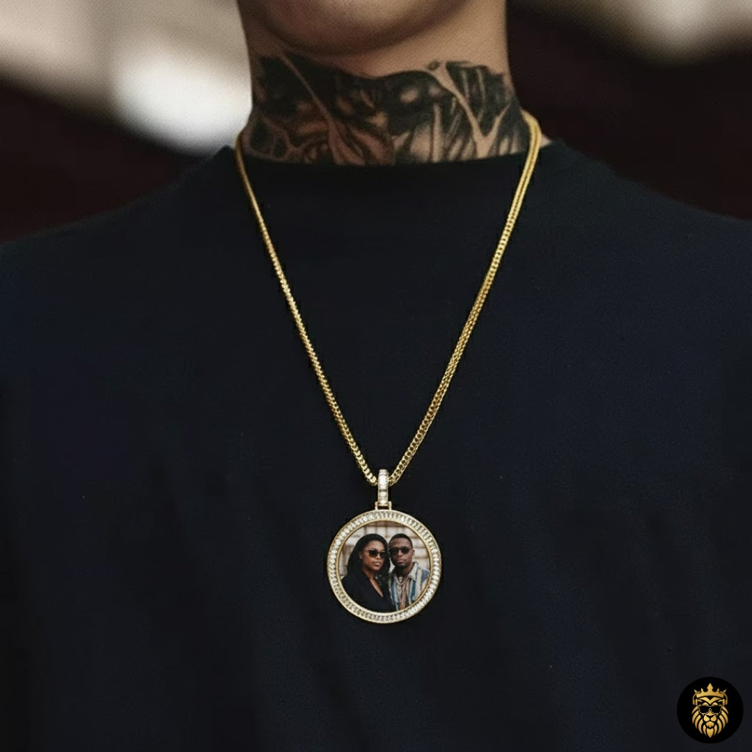 Close detail of double photo insert pendant necklace with rotating mechanism
