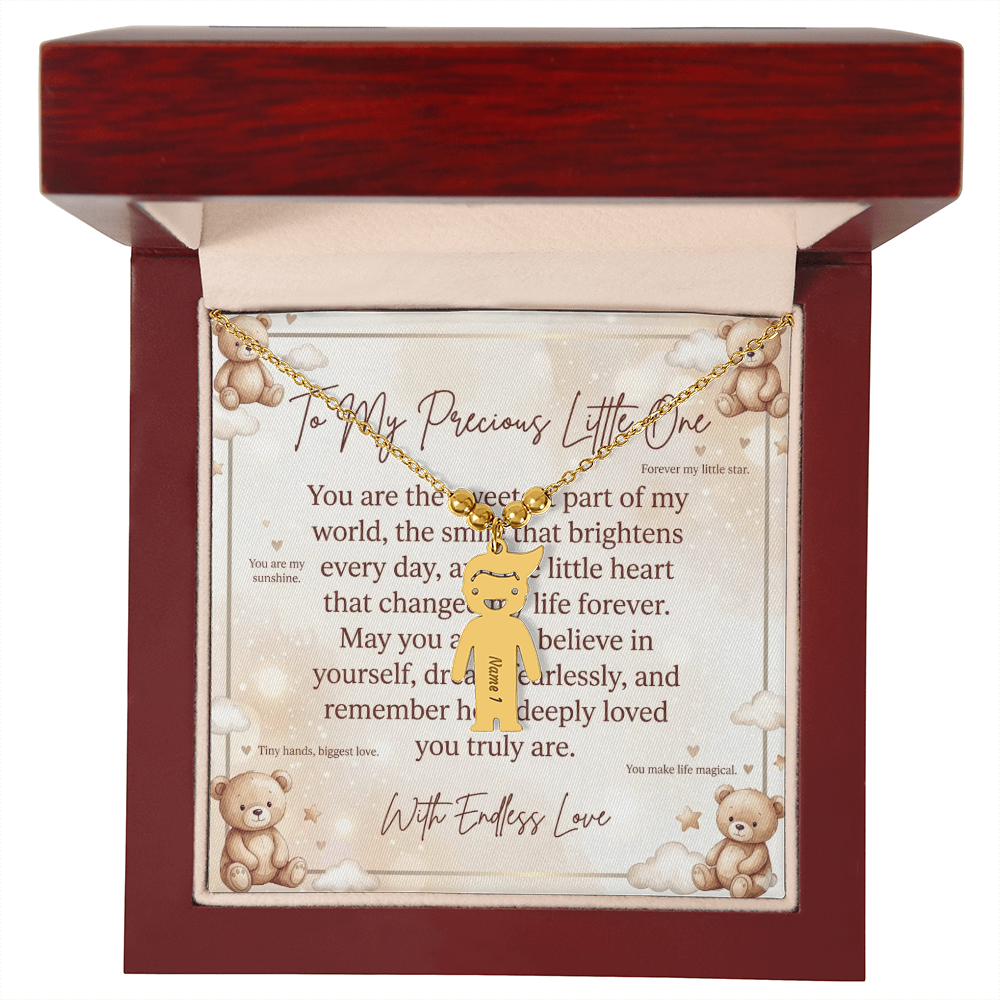 Child wearing personalized charm necklace in daily life setting