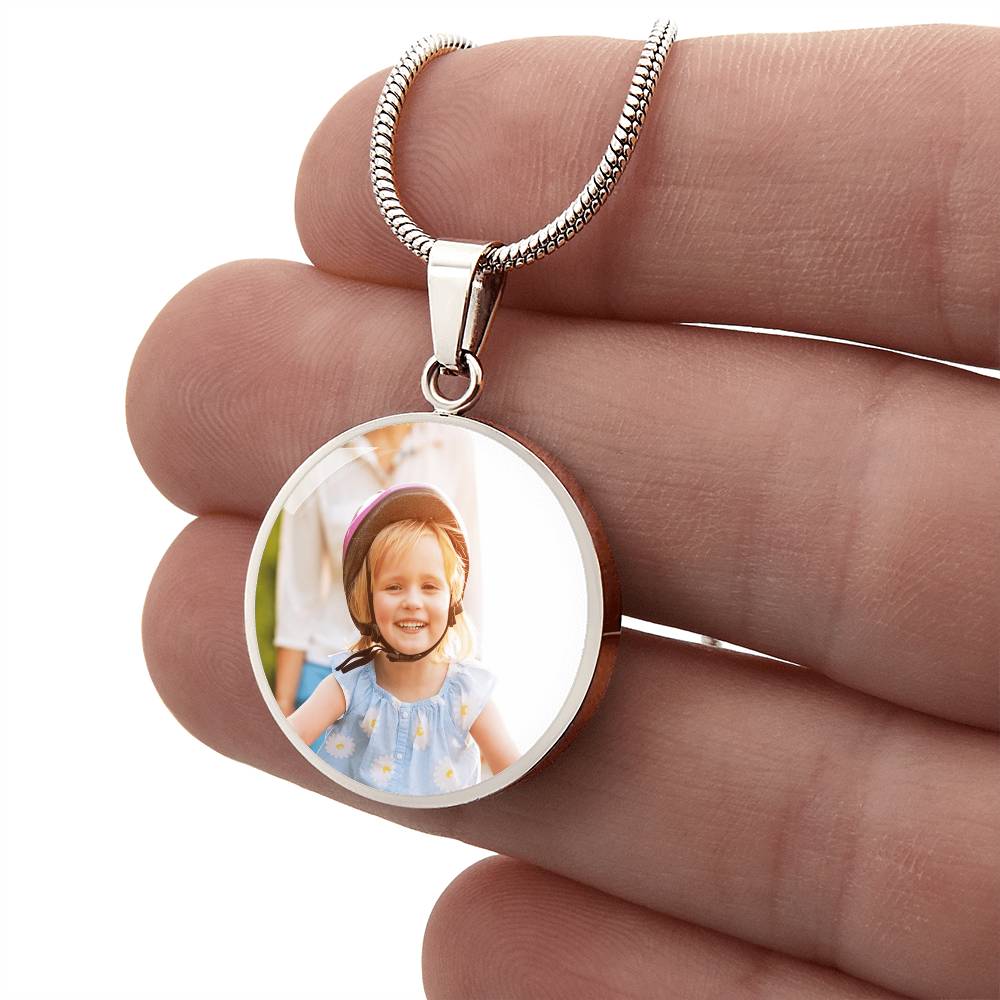Front view of kids jewelry engraved circle necklace gift