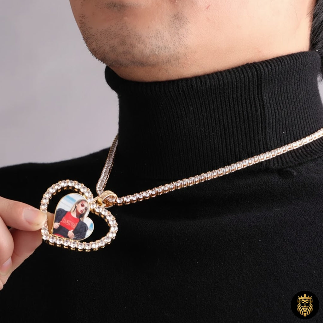 Close-up view of luxury gold plated rotating photo necklace pendant
