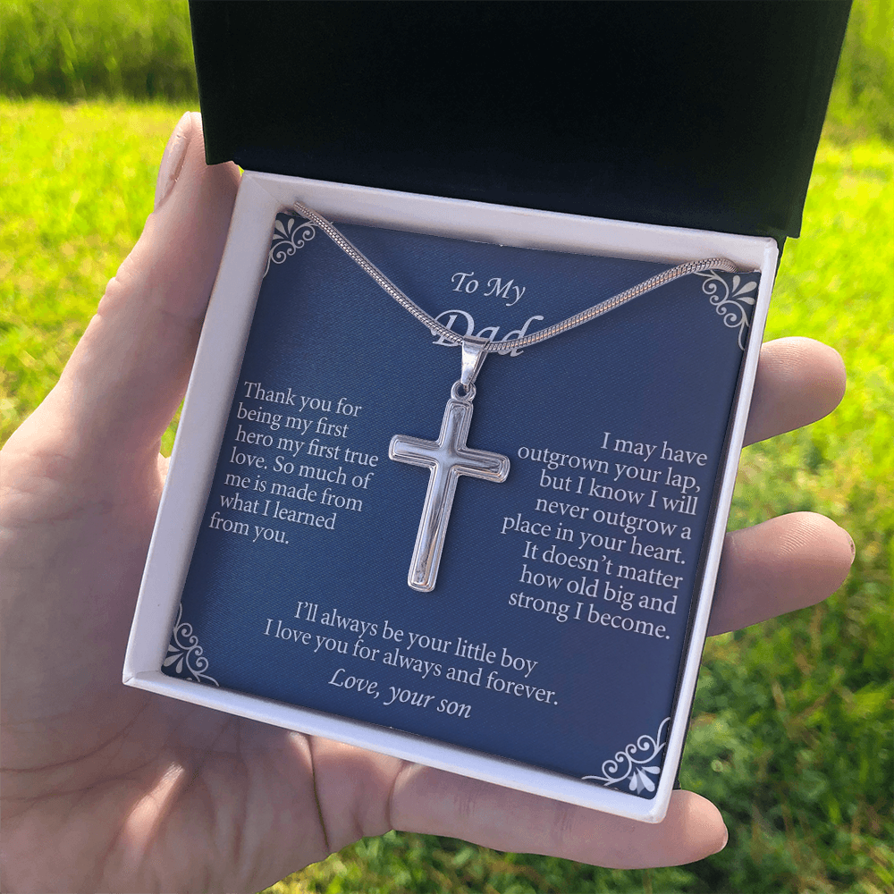 Masculine cross pendant necklace worn in lifestyle setting